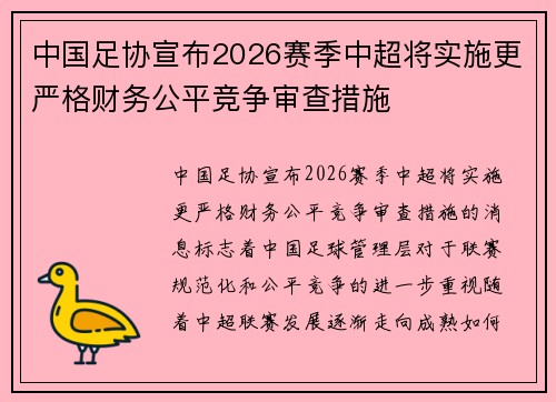 中国足协宣布2026赛季中超将实施更严格财务公平竞争审查措施 中国足协宣布2026赛季中超将实施更严格财务公平竞争审查措施
