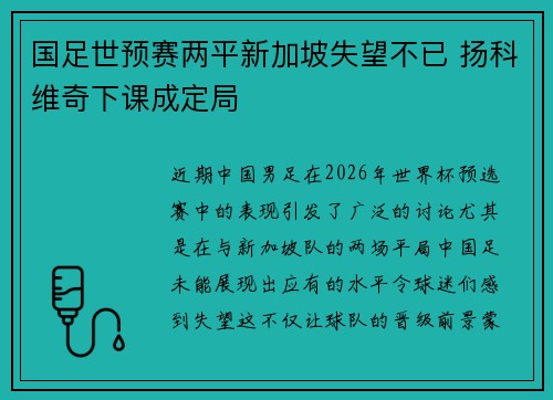 国足世预赛两平新加坡失望不已 扬科维奇下课成定局 国足世预赛两平新加坡失望不已 扬科维奇下课成定局